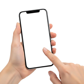 Close up of a person s hand holding a modern smartphone with a blank white screen and a finger touching the display isolated on transparent background