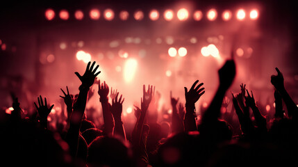 A vibrant concert scene shows enthusiastic silhouettes raising hands towards the stage bathed in a dynamic and electrifying red light display, energizing the atmosphere.