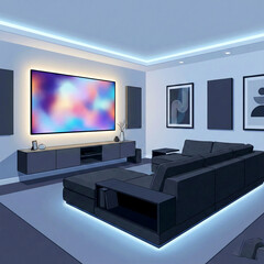 Fototapeta premium Luxury home cinema interior design with large flat screen television on the living room wall above a table and sofa