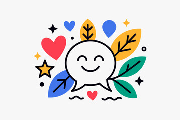 Fototapeta premium A cheerful graphic illustration featuring a happy speech bubble surrounded by colorful hearts, stars, and leaves, symbolizing positive communication and emotions.