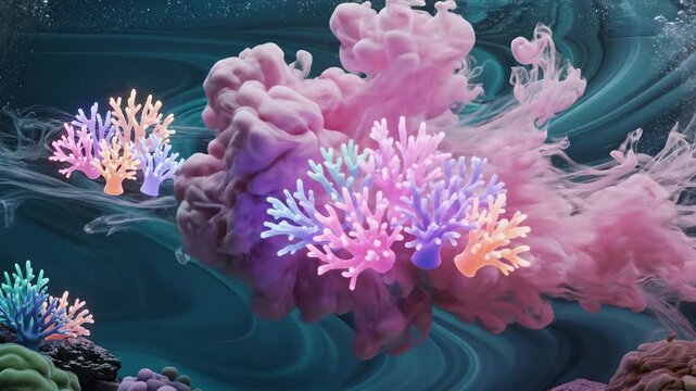 Ethereal abstract fluid simulation showing gentle current carrying illuminated pastel coral shapes floating effortlessly through deep teal and soft pink underwater environments soft, fantasy, design