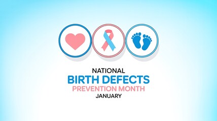 National Birth Defects Prevention Month, January Awareness Pictogram Logo with Heart, Ribbon, and Footprints on a Light Blue Gradient Background for Health Campaigns