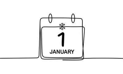 Minimalist continuous oneline drawing of a calendar showing January first and a snowflake icon for winter events