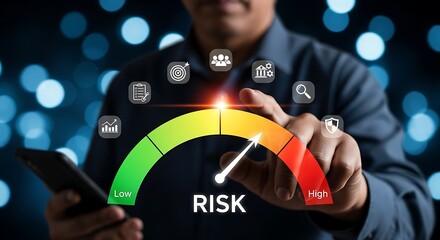 Businessman s hand adjusting a risk meter gauge showing high danger level with digital icons floating above