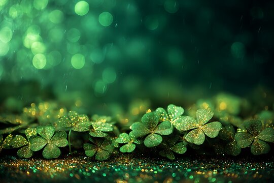 A captivating view of glistening clover leaves against a blurred green background