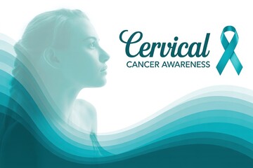 Cervical Cancer Awareness Banner with a Woman's Side Profile Silhouette and Teal Gradient Waves, Featuring a Teal Ribbon on a White Background.