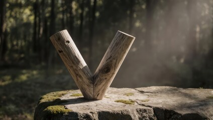 Wooden Letter V Symbol on Mossy Stump in Forest.