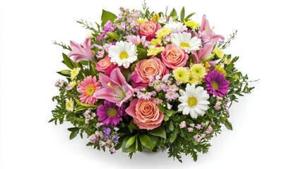 A delicate bouquet of multicolored flowers, including roses, daisies, and lilies, arranged in a vase.