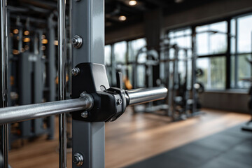 Fototapeta premium Detailed close up of smith machine in a clean and modern gym