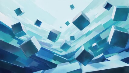 Abstract geometric composition of floating blue cubes and lines.