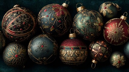 Luxurious collection of Christmas tree ornaments includes red, green, and gold baubles with intricate patterns on dark green velvet.