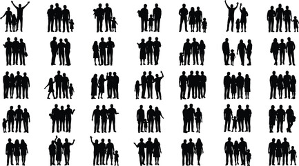 Family silhouette set, diverse group icons, editable, isolated, parent child poses, interaction, affection, black vector, social design