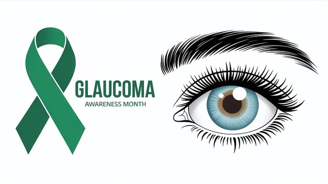 Glaucoma Awareness Month Banner with a Realistic Illustration of a Blue Female Eye and a Large Green Ribbon on a Clean White and Gray Background.