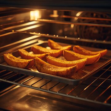 Butternut squash halves roasting on a baking sheet inside an oven