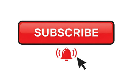 Bright red glossy subscribe button with white text and a notification bell icon with a cursor clicking it isolated on transparent background