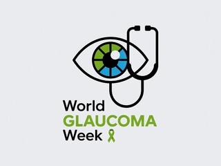 World Glaucoma Week Icon featuring a Stylized Eye with a Stethoscope and Green Ribbon, Symbolizing Medical Care and Global Awareness on a Light Gray Background.