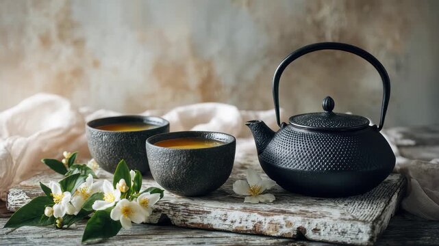 Traditional japanese cast iron teapot with two cups of tea and fresh jasmine flowers, 4k high quality footage