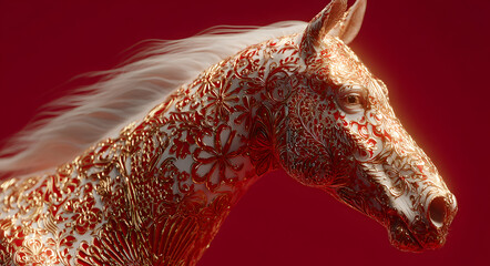 The horse is adorned with intricate golden patterns. luxury red and gold chinese horse new year background, 2026 new year with copy space for text, a dynamic pose against a vibrant red background.