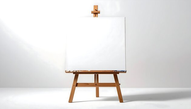 Clean professional photograph showcases a wooden easel with a blank canvas