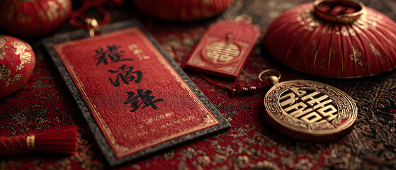 Colorful festive decorations scattered on a vibrant surface, Chinese new year 2025 banner