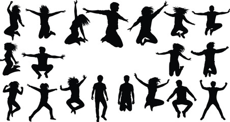 Jumping silhouette set, dynamic human poses, editable, isolated, motion vector, black figure icons, gesture, energy, expression