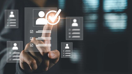 Digital recruitment process concept. A finger selects a candidate profile with checklist icons, representing employee approval, hiring system, or HR automation workflow.