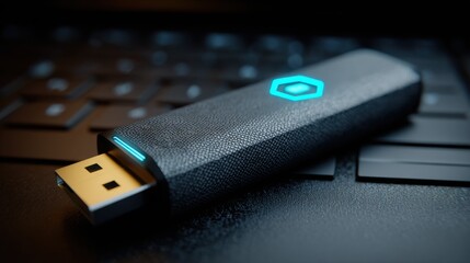 Modern USB Drive on Keyboard with Illuminated Design, Highlighting Technology and Digital Storage Concepts