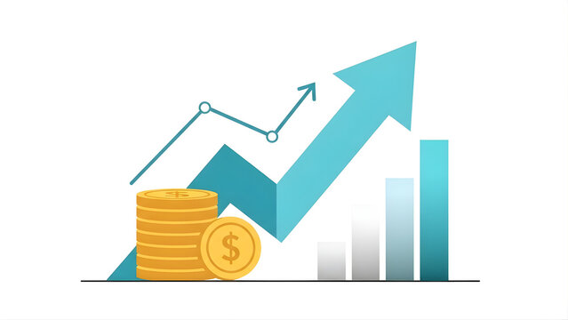 A sharp blue arrow and a line graph rising over stacks of dollar coins and a bar chart, demonstrating financial market growth. - Powered by Adobe