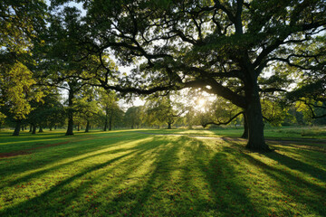 Obraz premium Sunny park lawn, oak tree, green grass, long shadow, morning light