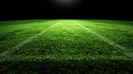 Obraz premium Illuminated lush green grass field stretches into the darkness, marked by pristine white lines, creating a sense of vastness and anticipation for the game ahead.