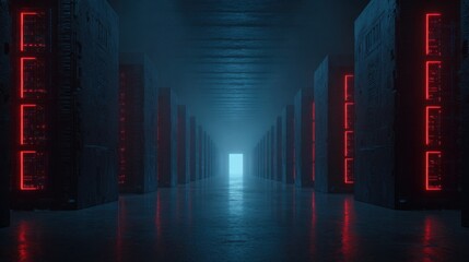Mysterious Data Center Corridor with Glowing Red Lights and Ethereal Blue Background for Futuristic Concepts