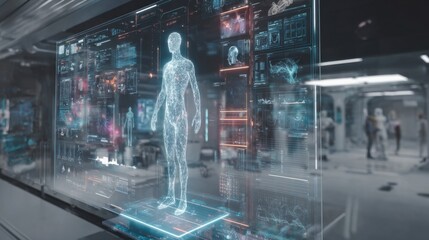 Futuristic holographic display of a human anatomy with advanced technology in a modern scientific laboratory environment