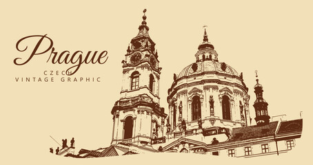 Fototapeta premium City ancient architecture, Prague, Czech Republic. Vintage brown and beige graphics, engraved, vector. Old retro design.