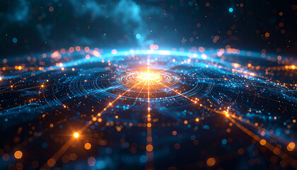 Abstract Technological Singularity: An artistic depiction of interconnected nodes in a digital network, with light trails suggesting data flow and the convergence of technology.