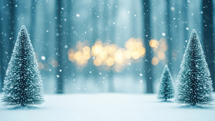Winter wonderland with miniature christmas trees and falling snow
