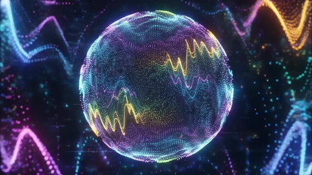 Data visualization analysis sphere globe convey glowing particle network and waveform energy in a colorful neon orb evoking motion and insight
