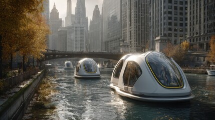 Futuristic autonomous boats navigating urban waterways under the morning sun in a modern cityscape with skyscrapers and autumn foliage