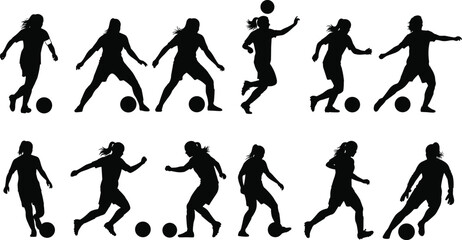Soccer player silhouettes, action pose vector set, editable, isolated, dribbling, kicking, running, ball control, black sports icons