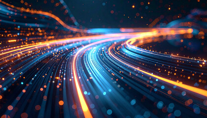 Fototapeta premium Data Stream Highway: A mesmerizing visual of dynamic digital data streams, pulsating with vibrant energy, conveying concepts of high-speed connectivity and advanced technology.