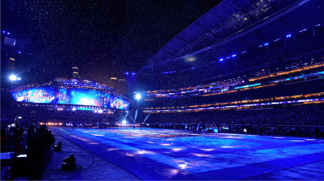 A vibrant stadium bursts with energy under bright lights, showcasing a halftime performance before a massive crowd du a nighttime championship event.