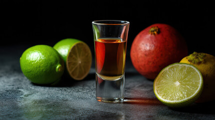 A shot glass with an amber liquid is displayed against a dark background among fresh limes, a pomegranate, and half of a lemon on a textured surface.