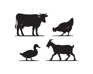 Farm animals silhouette, cow, goat, duck, chicken silhouette, cow grazing, duck pecking scattered grains, goat walking & chicken walking vector illustration collection set, farm animals silhouette,