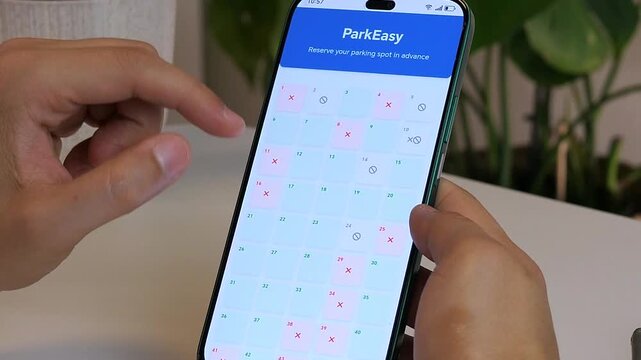 This closeup shows a user browsing airport parking options on a booking site, selecting a specific spot, and instantly confirming the reservation with a success notification. 