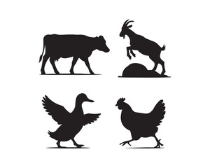 Farm animals silhouette, cow, goat, duck, chicken silhouette, cow grazing, duck pecking scattered grains, goat walking & chicken walking vector illustration collection set, farm animals silhouette,