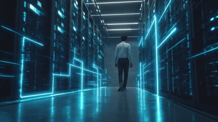 Futuristic Data Center with Glowing Lines Illuminating a Professional Man Walking Through Server Racks in a Digital Environment