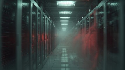 Futuristic Data Center Corridor with Misty Atmosphere and Neon Lights Reflecting off Steel Server Racks