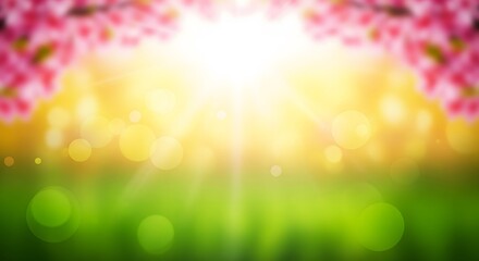 Obraz premium Blurred nature background with green grass and pink spring flowers. This defocused sunny garden texture is suitable for Easter and seasonal greeting cards.