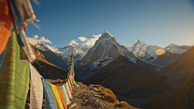 Scenic view of colorful prayer flags blowing in the wind with snow-capped mountains and clear blue sky in the background