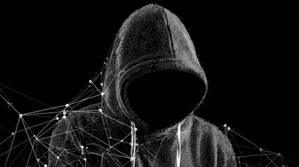 Mysterious figure in hooded sweatshirt creating digital connections against a dark backdrop evoking themes of anonymity and technology