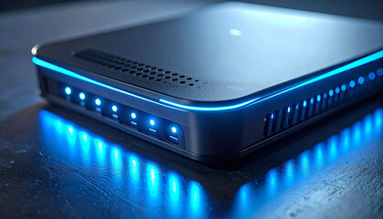 Gateway to Connectivity: A sleek and modern router, radiating a network of brilliant blue lights, signifies the gateway to seamless data flow. the hub.
